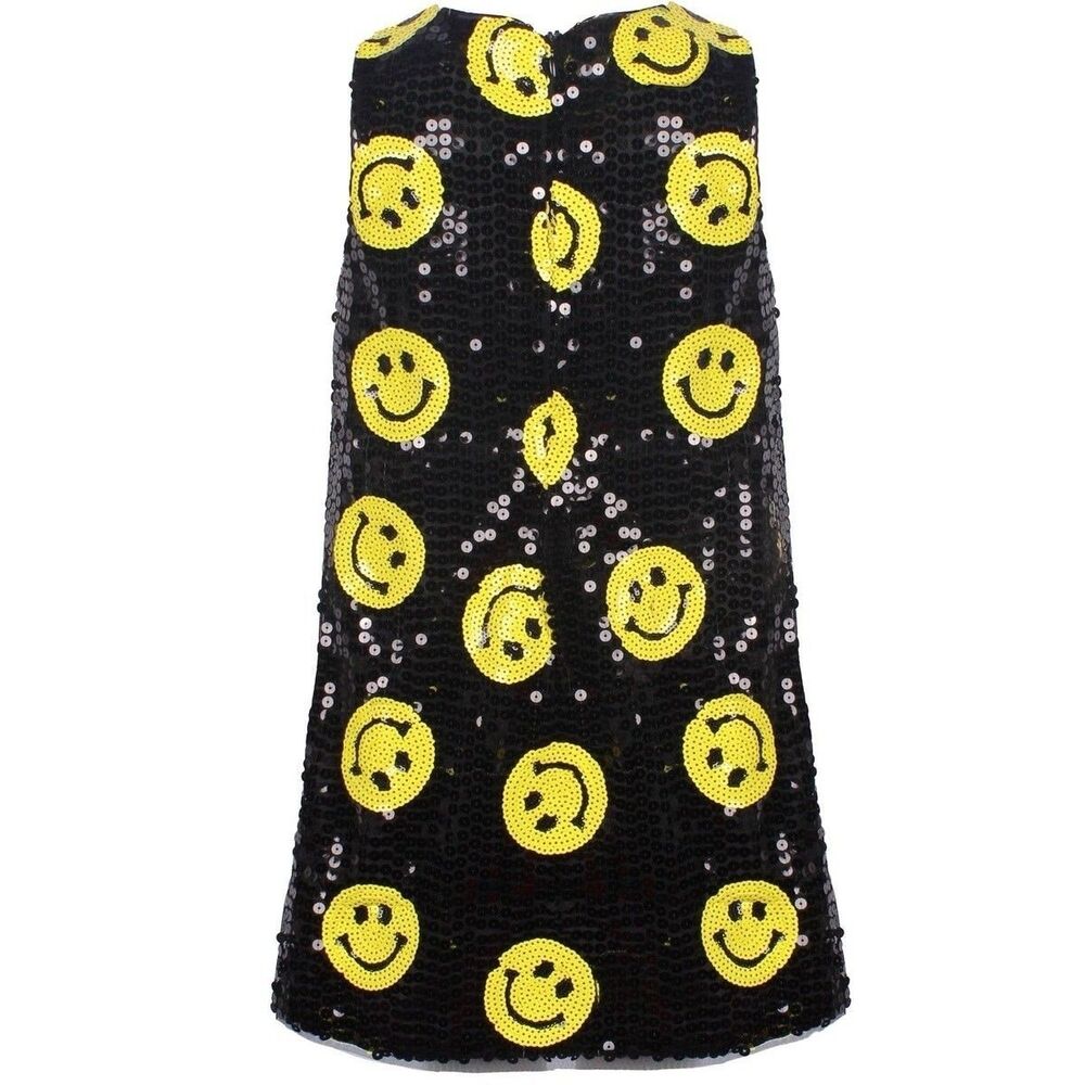 LOLA AND THE BOYS Shift Dress Black Sequin Smiley Face DONT WORRY BE HAPPY 8